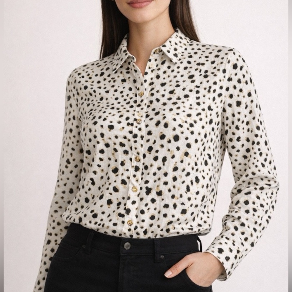 Talbots Animal Print Button Front Shirt Size 12P | Non-Iron Black White Blouse